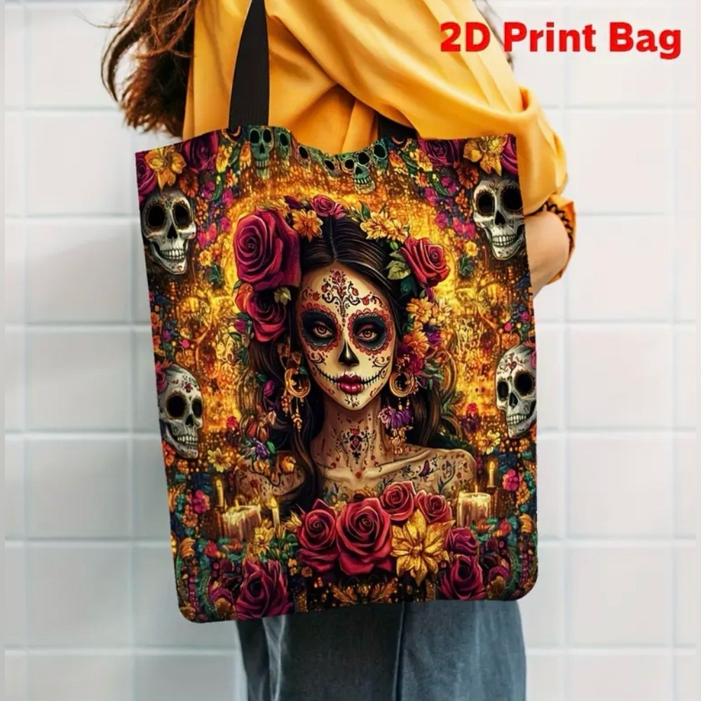 Day of the Dead Skull Girl Floral Print Reusable Shoulder Tote Bag New - Picture 3 of 5